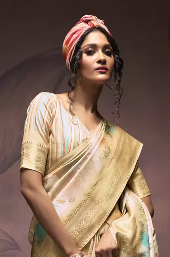 chiku handloom silk blend saree with unstitched blouse