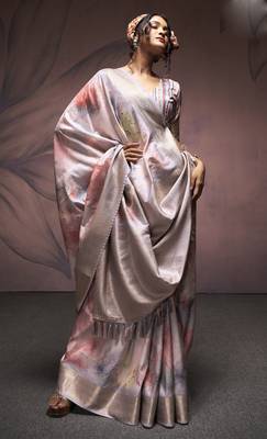 grey handloom silk blend saree with unstitched blouse 1