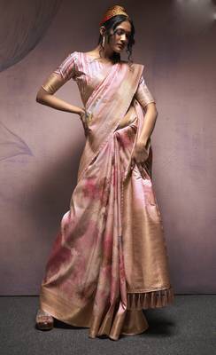 peach handloom silk blend saree with unstitched blouse 1