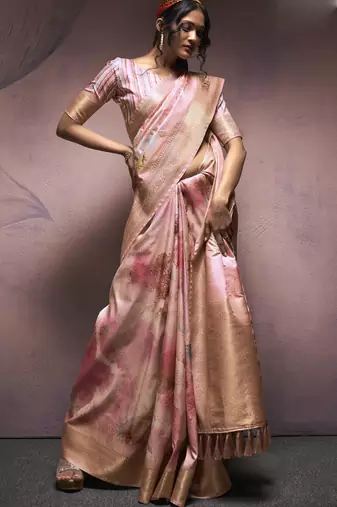 peach handloom silk blend saree with unstitched blouse