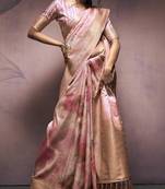 peach handloom silk blend saree with unstitched blouse