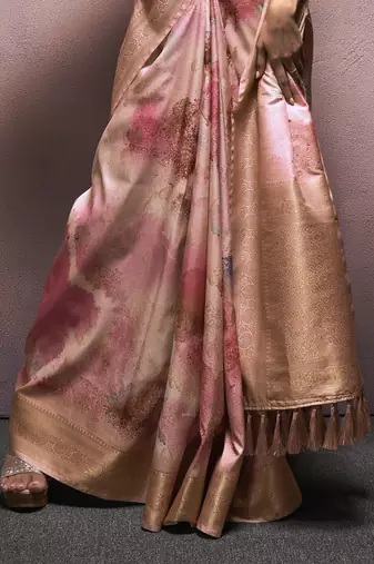 peach handloom silk blend saree with unstitched blouse