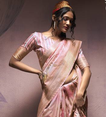 peach handloom silk blend saree with unstitched blouse 4