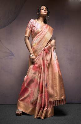 orange handloom silk blend saree with unstitched blouse 1