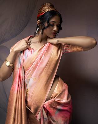 orange handloom silk blend saree with unstitched blouse 2