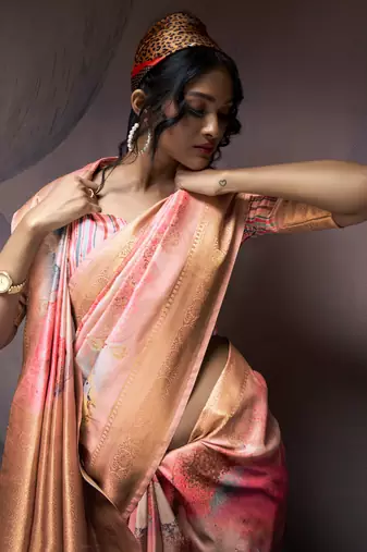 orange handloom silk blend saree with unstitched blouse