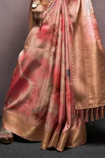 orange handloom silk blend saree with unstitched blouse
