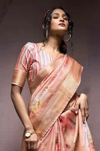 orange handloom silk blend saree with unstitched blouse