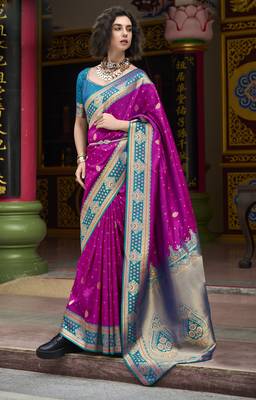 magenta banarasi silk blend saree with unstitched blouse 1