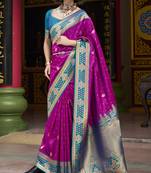 magenta banarasi silk blend saree with unstitched blouse