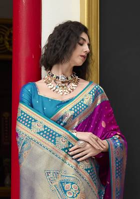 magenta banarasi silk blend saree with unstitched blouse 2