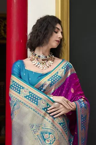 magenta banarasi silk blend saree with unstitched blouse