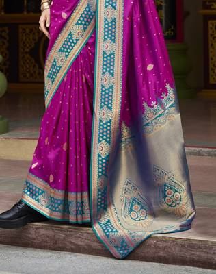 magenta banarasi silk blend saree with unstitched blouse 3