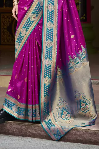 magenta banarasi silk blend saree with unstitched blouse