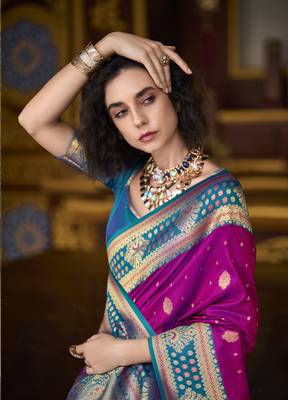 magenta banarasi silk blend saree with unstitched blouse 4