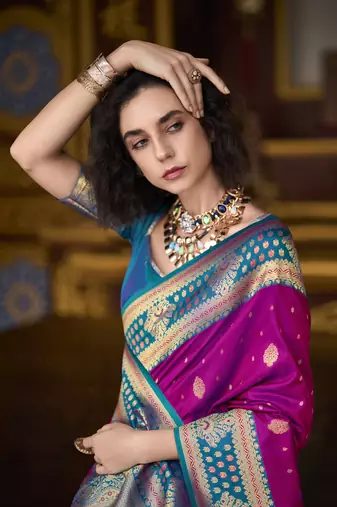 magenta banarasi silk blend saree with unstitched blouse