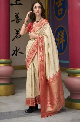 beige banarasi silk blend saree with unstitched blouse 1