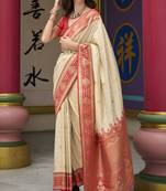 beige banarasi silk blend saree with unstitched blouse