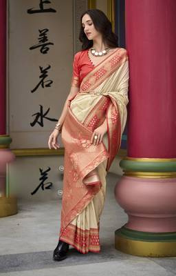 beige banarasi silk blend saree with unstitched blouse 2