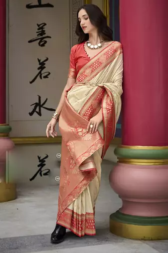 beige banarasi silk blend saree with unstitched blouse