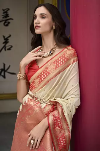 beige banarasi silk blend saree with unstitched blouse