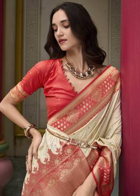 beige banarasi silk blend saree with unstitched blouse 4