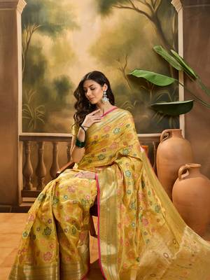 Women's gold organza zari woven saree with unstitched blouse piece 1