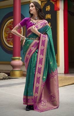 dark green banarasi silk blend saree with unstitched blouse 1