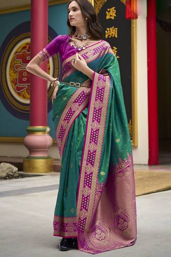 dark green banarasi silk blend saree with unstitched blouse
