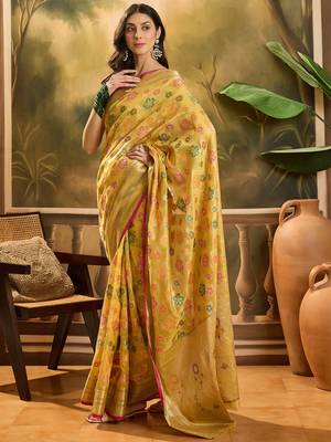 Women's gold organza zari woven saree with unstitched blouse piece 2