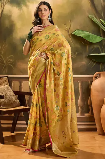 Women's gold organza zari woven saree with unstitched blouse piece