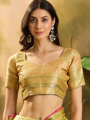 Women's gold organza zari woven saree with unstitched blouse piece 4
