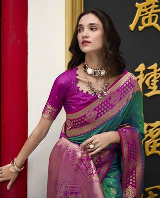 dark green banarasi silk blend saree with unstitched blouse 3