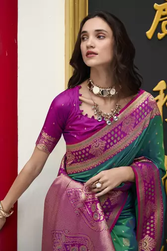 dark green banarasi silk blend saree with unstitched blouse