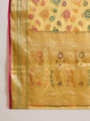 Women's gold organza zari woven saree with unstitched blouse piece 5
