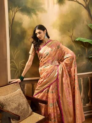 Women's peach organza zari woven saree with unstitched blouse piece 1