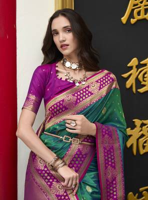 dark green banarasi silk blend saree with unstitched blouse 4
