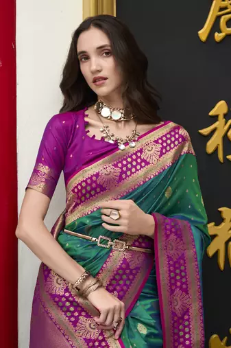 dark green banarasi silk blend saree with unstitched blouse