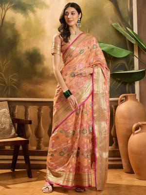 Women's peach organza zari woven saree with unstitched blouse piece 2