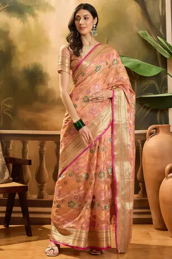 Women's peach organza zari woven saree with unstitched blouse piece