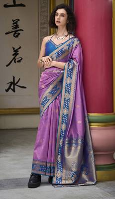 lavender banarasi silk blend saree with unstitched blouse 1