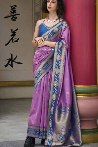 lavender banarasi silk blend saree with unstitched blouse