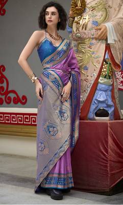 lavender banarasi silk blend saree with unstitched blouse 2