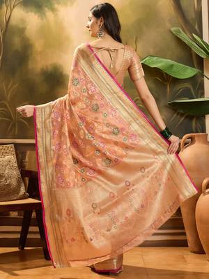 Women's peach organza zari woven saree with unstitched blouse piece 3