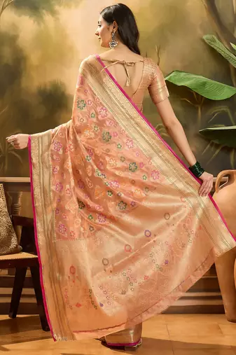 Women's peach organza zari woven saree with unstitched blouse piece