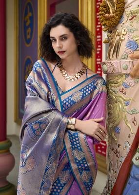 lavender banarasi silk blend saree with unstitched blouse 3
