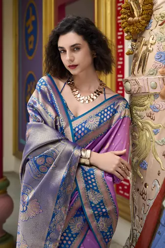 lavender banarasi silk blend saree with unstitched blouse