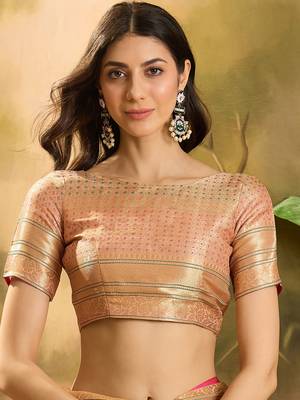 Women's peach organza zari woven saree with unstitched blouse piece 4