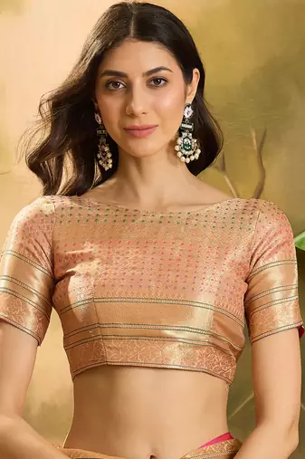 Women's peach organza zari woven saree with unstitched blouse piece
