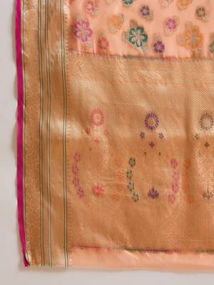 Women's peach organza zari woven saree with unstitched blouse piece 5